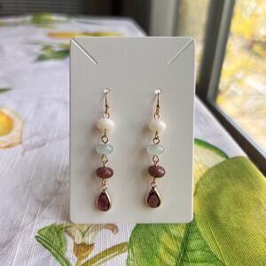 Garnet Aquamarine Floral Flower White Jade Crystal Glass Beaded Casual Earrings